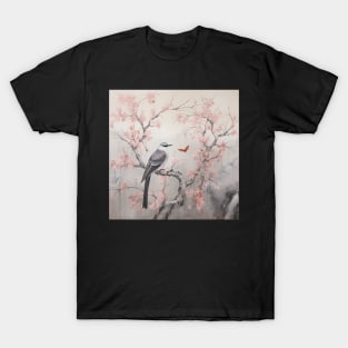 Grey and pink chinoiserie painting with birds and flowers T-Shirt